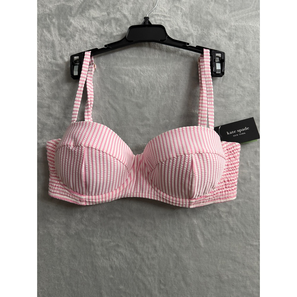 Kate Spade Pink White Seersucker Stripe Underwire Balconette Bikini Top Sz XL - Picture 3 of 9